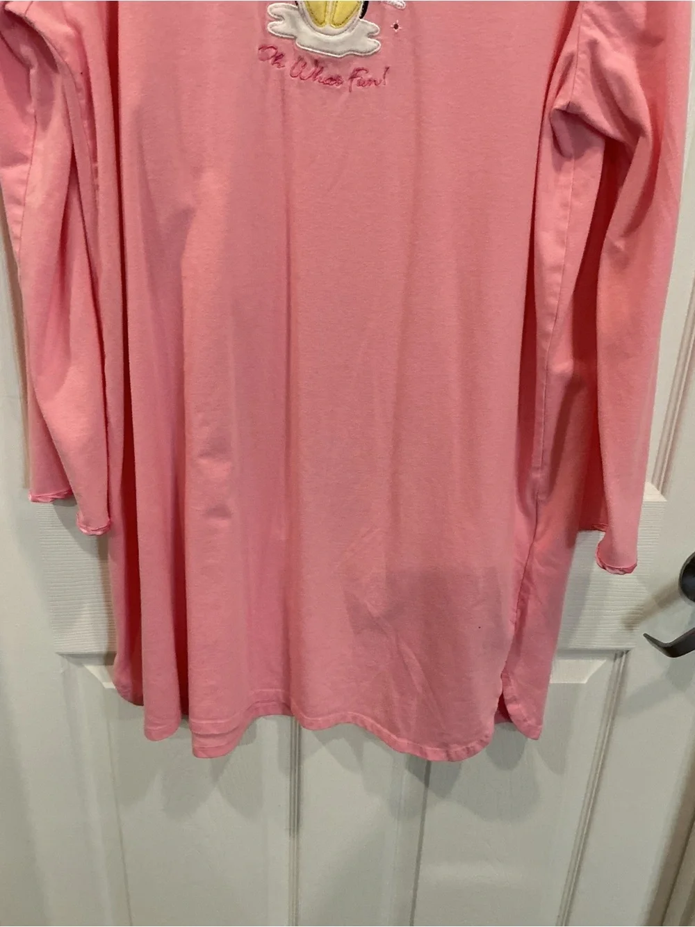 Pink Long-Sleeve V-Neck Nightgown with Penguin Graphic